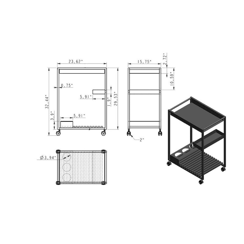 Contemporary All Metal Tea Cart with Bottle Holders