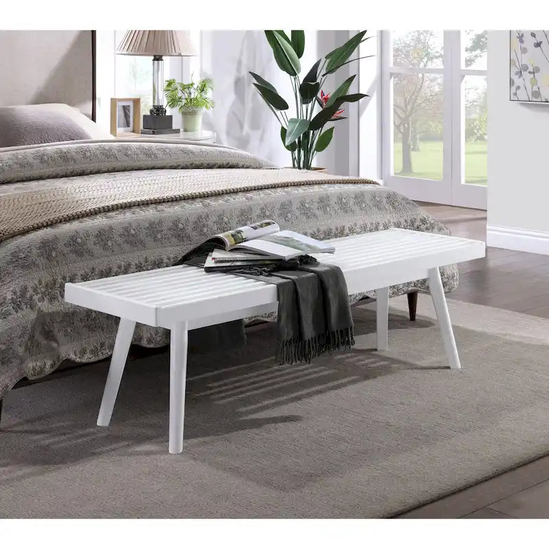 Solid Wood Slatted Bench, White - 56.30W x 16.50D x 17.50H