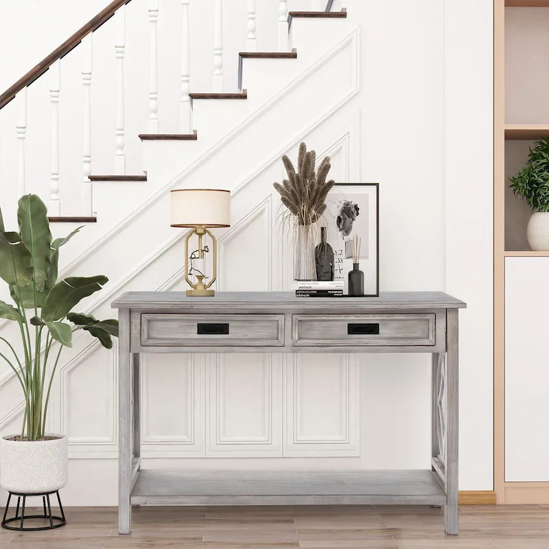 Grey Washed Wood 2-Drawer 1-Shelf Console and Entry Table - 32.7 H x 47.2 W x 13.8 D