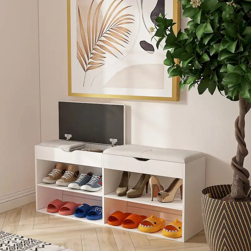 Shoe Storage Bench with Padded Cushion and Flip-Open Box