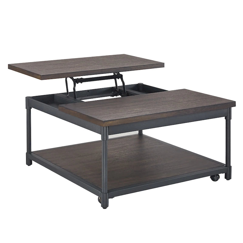 Lift-Top Square Coffee Table in Smokey Oak with Iron Frame