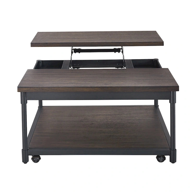 Lift-Top Square Coffee Table in Smokey Oak with Iron Frame