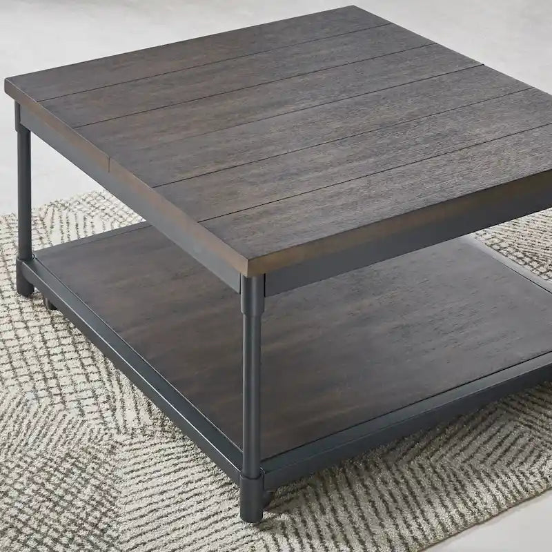 Lift-Top Square Coffee Table in Smokey Oak with Iron Frame