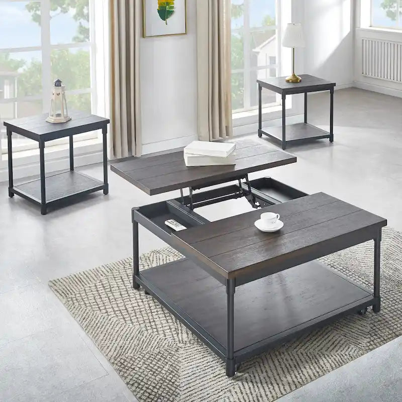 Lift-Top Square Coffee Table in Smokey Oak with Iron Frame