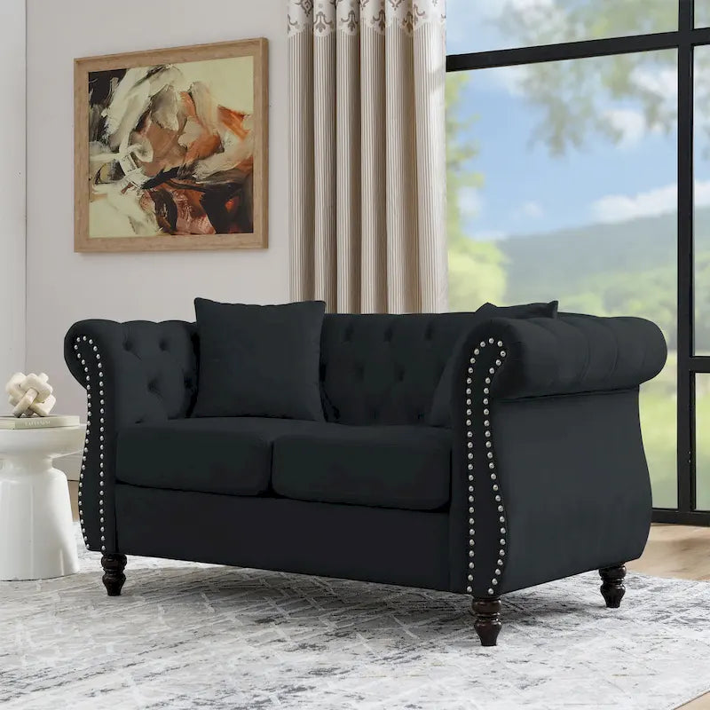 58.8" Chesterfield 2-Seater Sofa Black Velvet with Tufted Back and Nailhead Trim