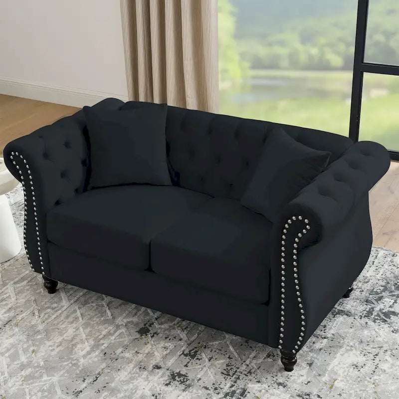 58.8" Chesterfield 2-Seater Sofa Black Velvet with Tufted Back and Nailhead Trim