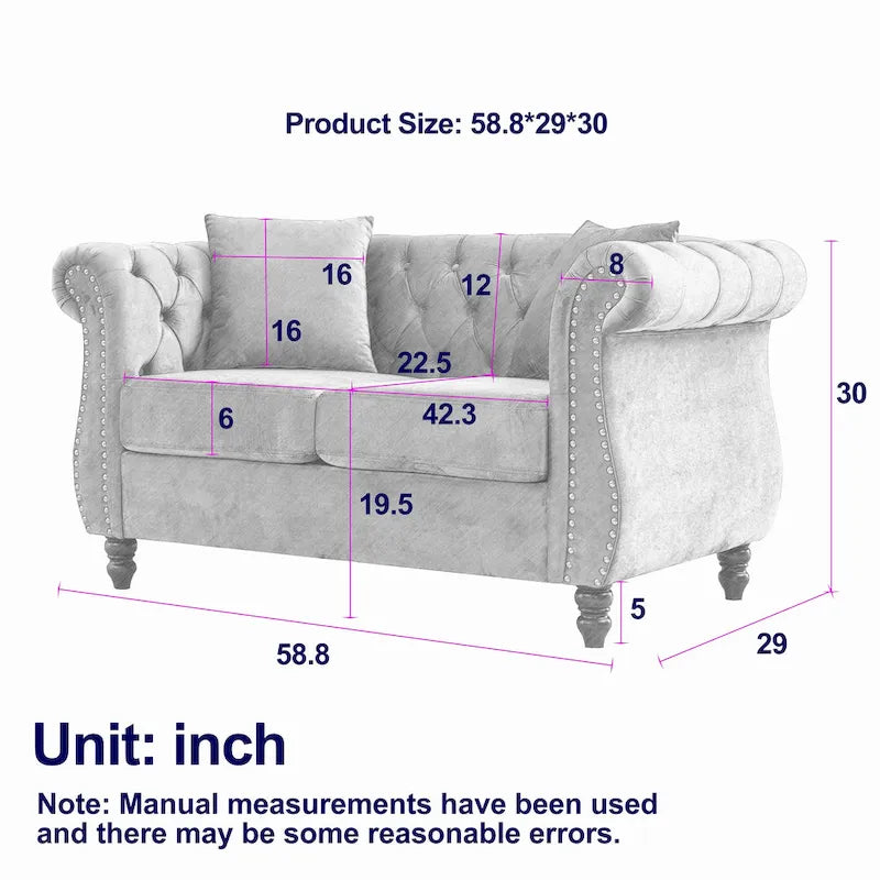 58.8" Chesterfield 2-Seater Sofa Black Velvet with Tufted Back and Nailhead Trim
