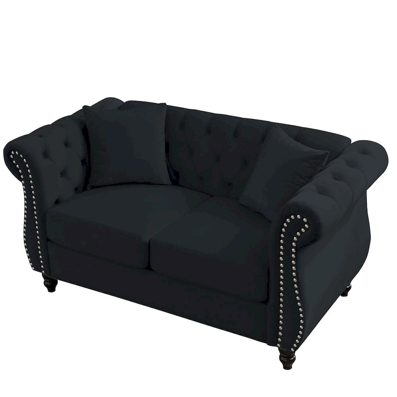 58.8" Chesterfield 2-Seater Sofa Black Velvet with Tufted Back and Nailhead Trim