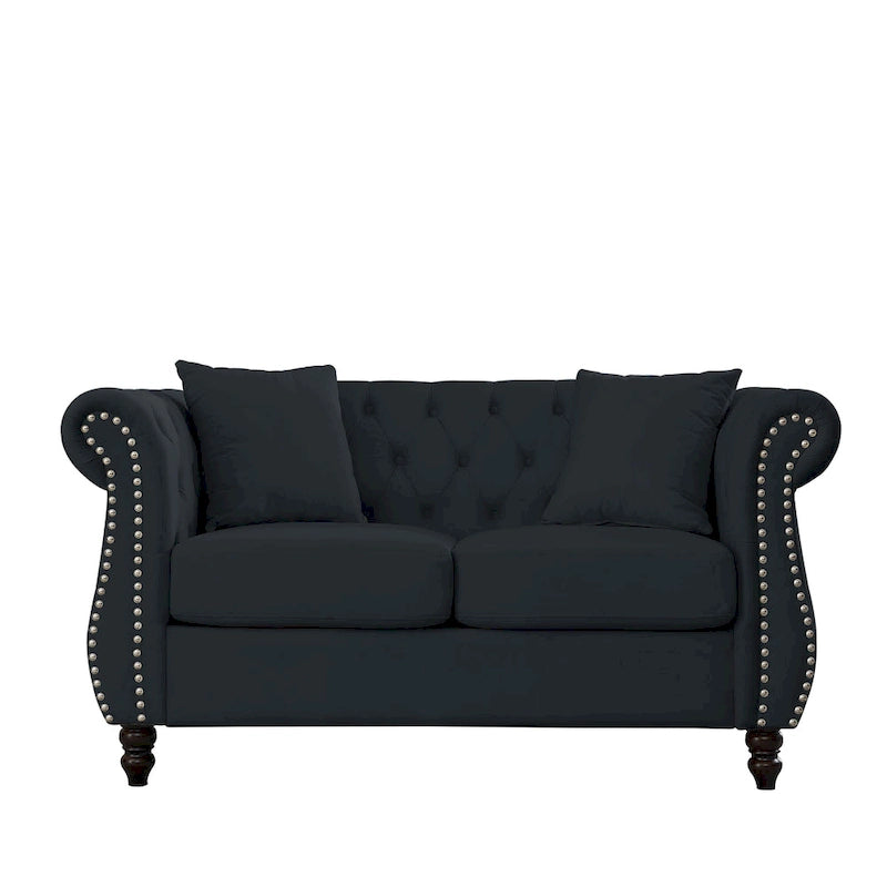 58.8" Chesterfield 2-Seater Sofa Black Velvet with Tufted Back and Nailhead Trim