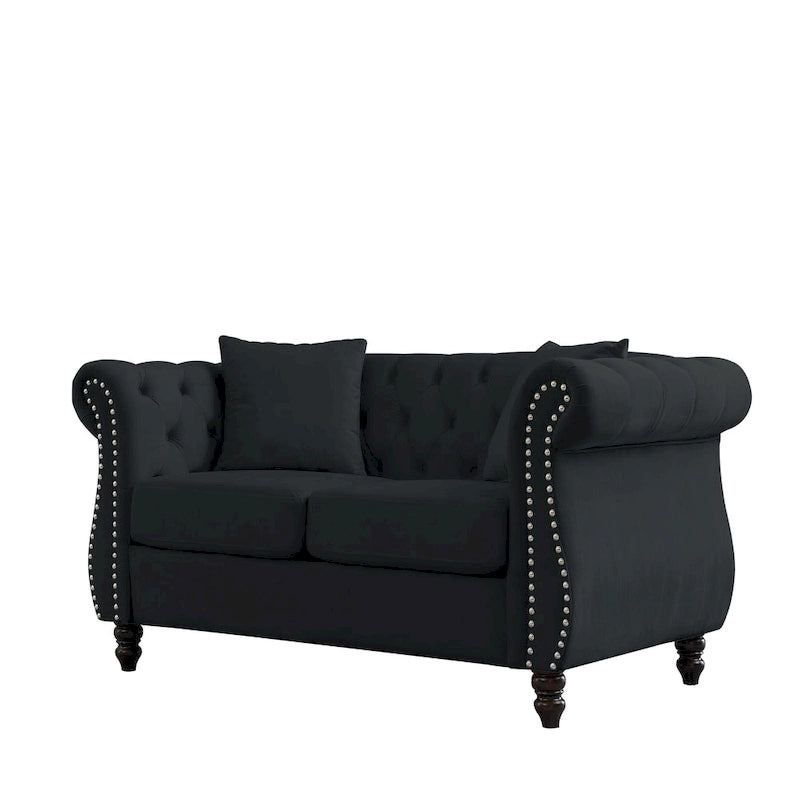 58.8" Chesterfield 2-Seater Sofa Black Velvet with Tufted Back and Nailhead Trim