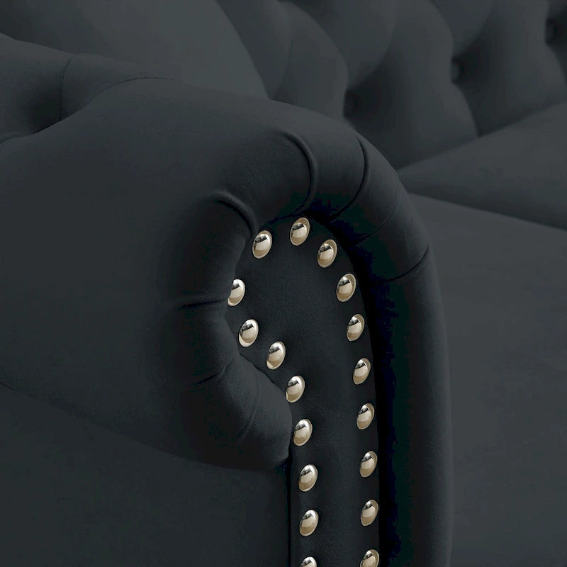 58.8" Chesterfield 2-Seater Sofa Black Velvet with Tufted Back and Nailhead Trim