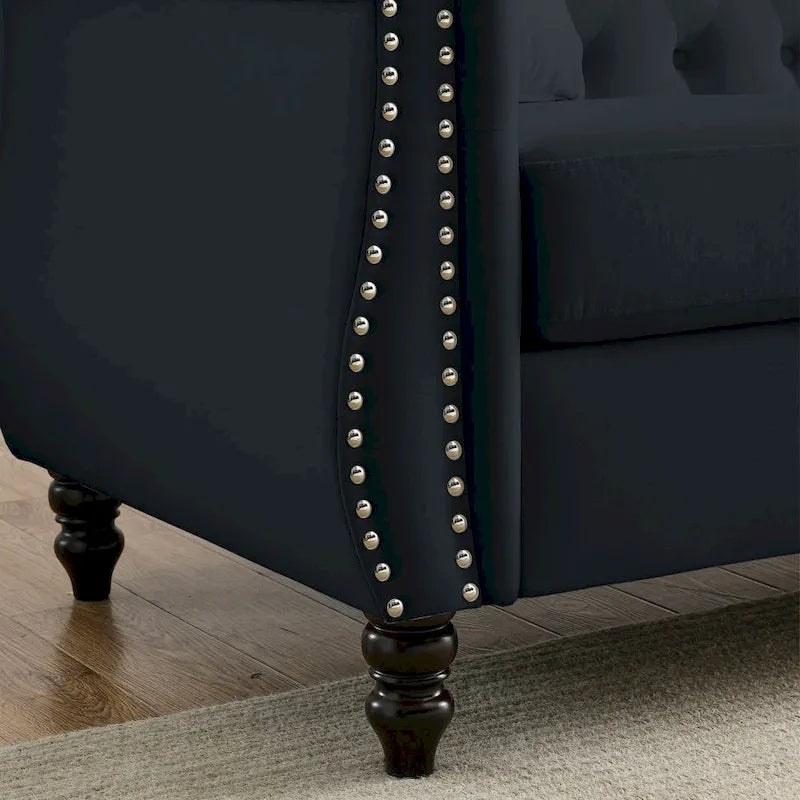 58.8" Chesterfield 2-Seater Sofa Black Velvet with Tufted Back and Nailhead Trim