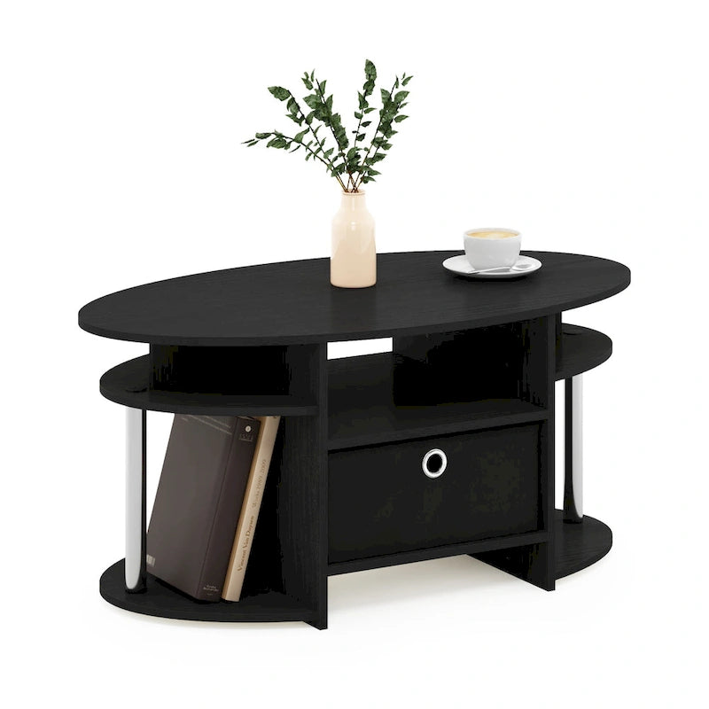 Oval Coffee Table with Built-In Shelf and Storage Bin