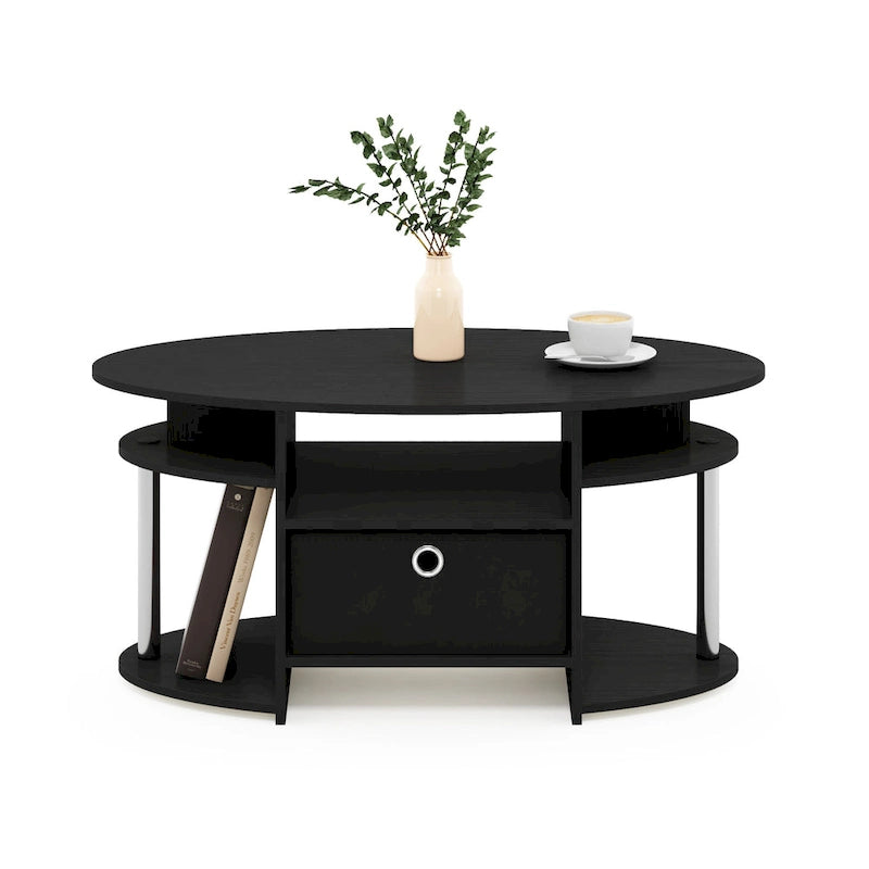 Oval Coffee Table with Built-In Shelf and Storage Bin