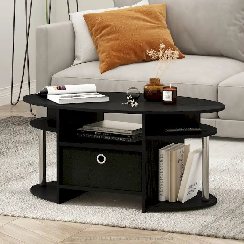 Oval Coffee Table with Built-In Shelf and Storage Bin