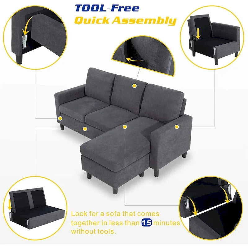 Linen Upholstered L-Shaped Sectional Sofa with Reversible Chaise
