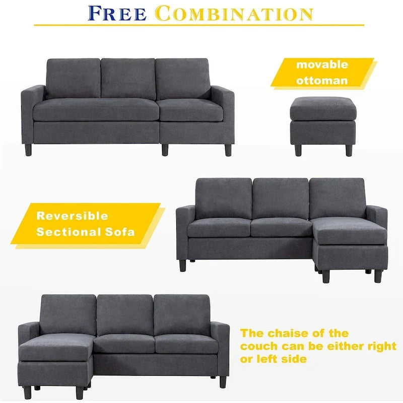 Linen Upholstered L-Shaped Sectional Sofa with Reversible Chaise