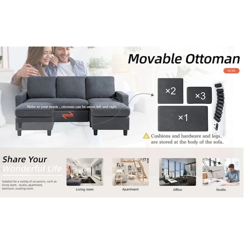 Linen Upholstered L-Shaped Sectional Sofa with Reversible Chaise