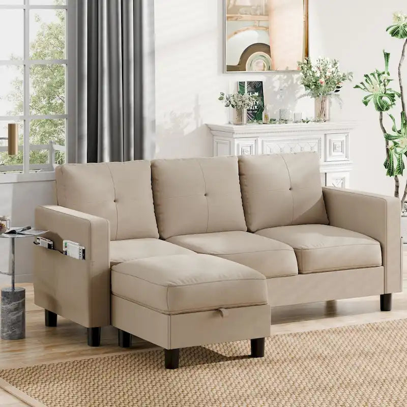 Linen Upholstered L-Shaped Sectional Sofa with Reversible Chaise