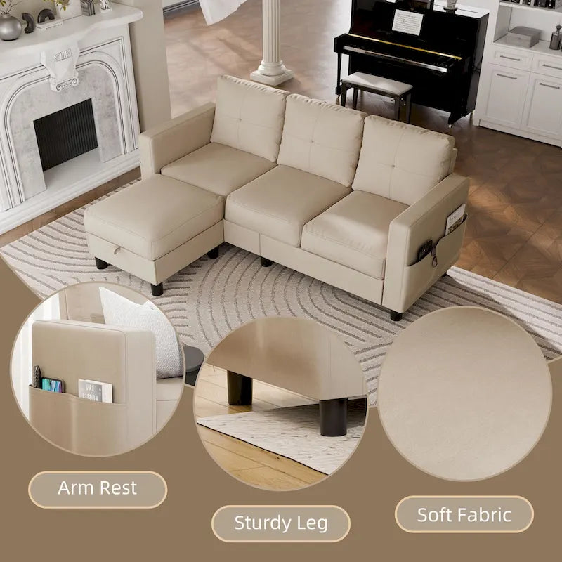 Linen Upholstered L-Shaped Sectional Sofa with Reversible Chaise