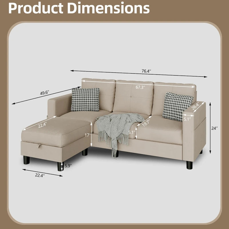 Linen Upholstered L-Shaped Sectional Sofa with Reversible Chaise