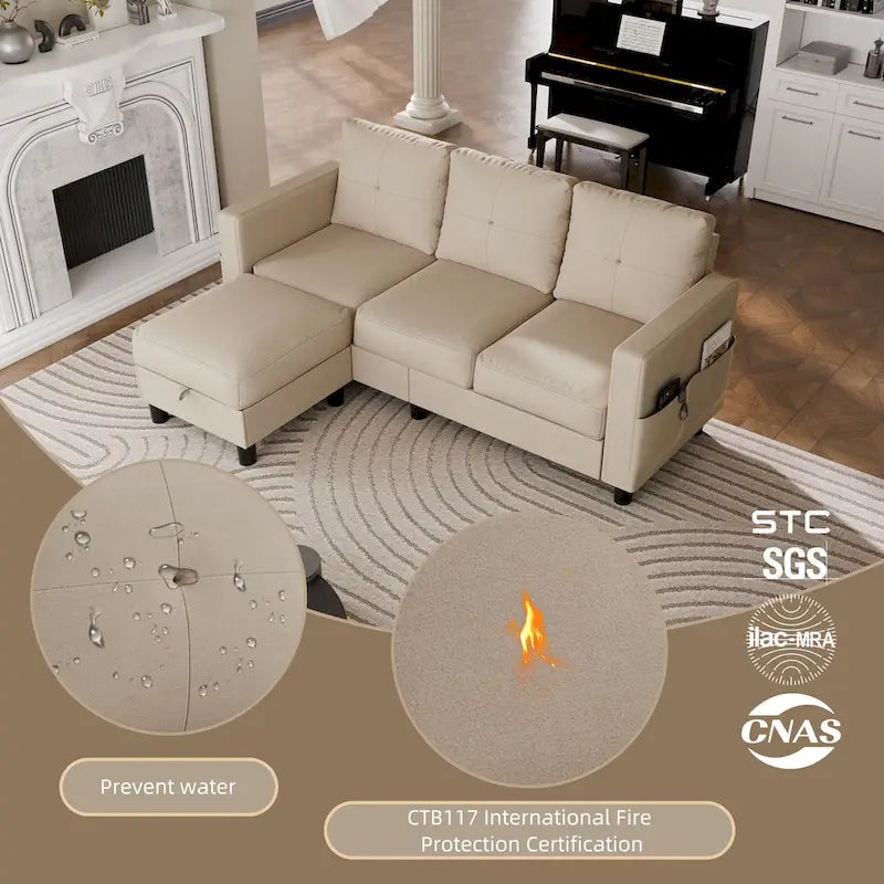 Linen Upholstered L-Shaped Sectional Sofa with Reversible Chaise