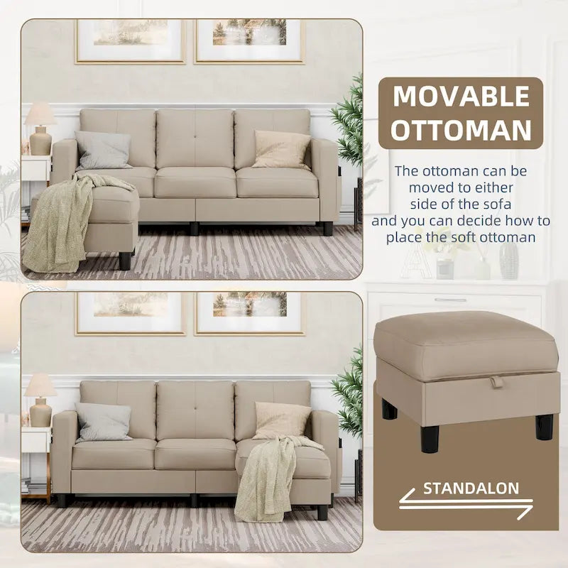 Linen Upholstered L-Shaped Sectional Sofa with Reversible Chaise