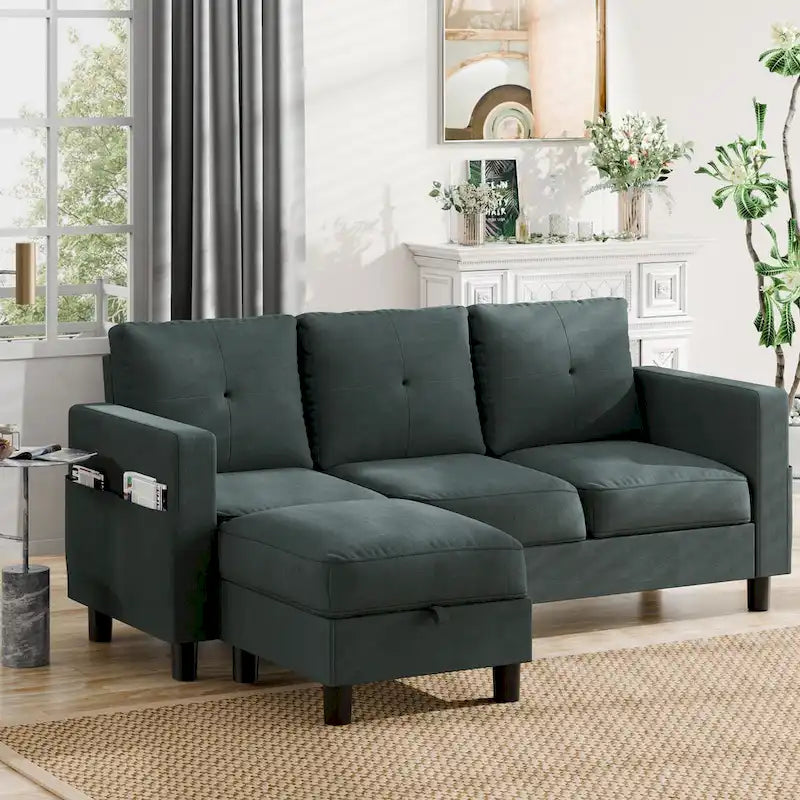 Linen Upholstered L-Shaped Sectional Sofa with Reversible Chaise