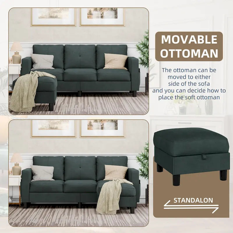 Linen Upholstered L-Shaped Sectional Sofa with Reversible Chaise