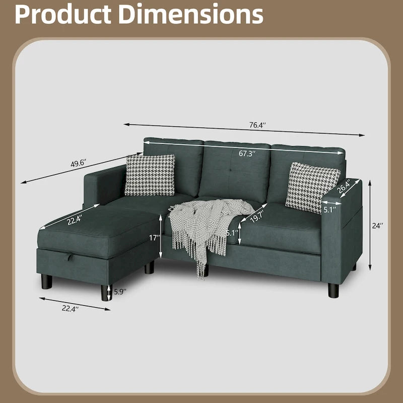 Linen Upholstered L-Shaped Sectional Sofa with Reversible Chaise