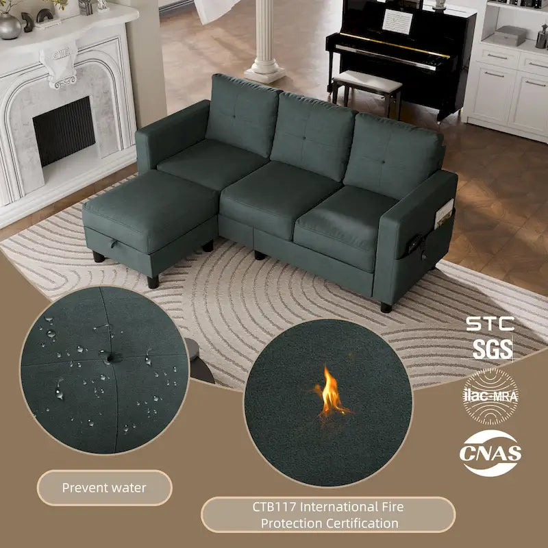 Linen Upholstered L-Shaped Sectional Sofa with Reversible Chaise