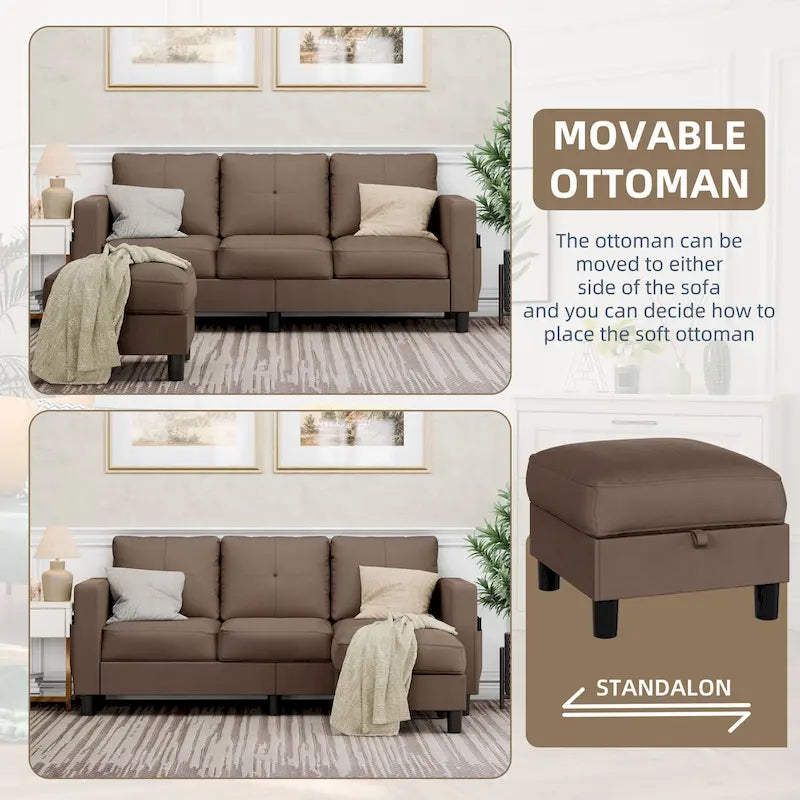 Linen Upholstered L-Shaped Sectional Sofa with Reversible Chaise