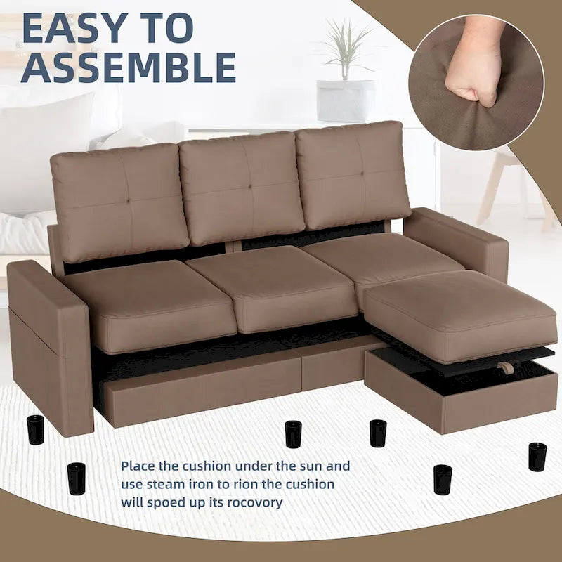 Linen Upholstered L-Shaped Sectional Sofa with Reversible Chaise
