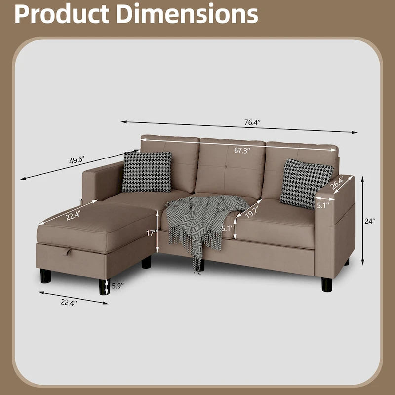 Linen Upholstered L-Shaped Sectional Sofa with Reversible Chaise