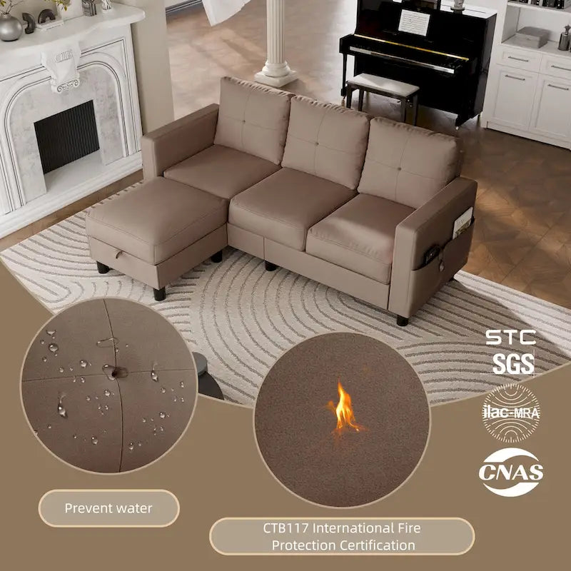 Linen Upholstered L-Shaped Sectional Sofa with Reversible Chaise