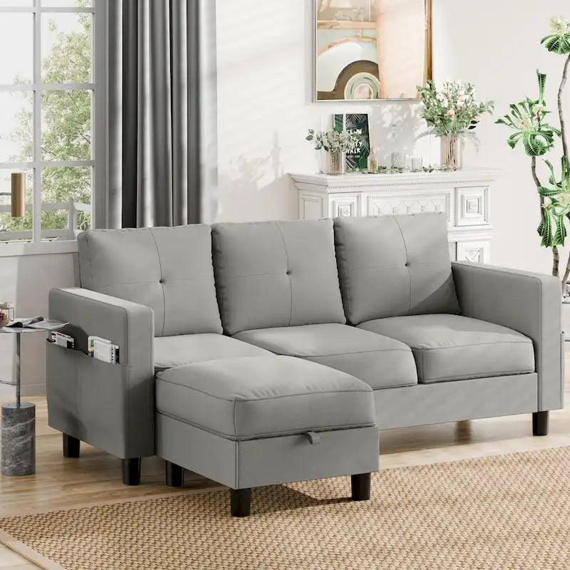 Linen Upholstered L-Shaped Sectional Sofa with Reversible Chaise