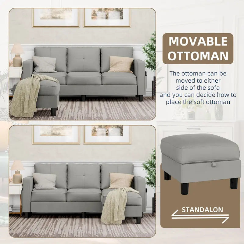 Linen Upholstered L-Shaped Sectional Sofa with Reversible Chaise