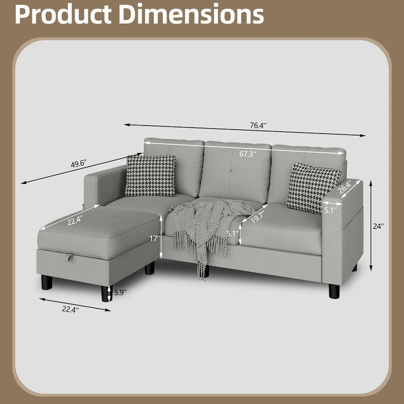Linen Upholstered L-Shaped Sectional Sofa with Reversible Chaise
