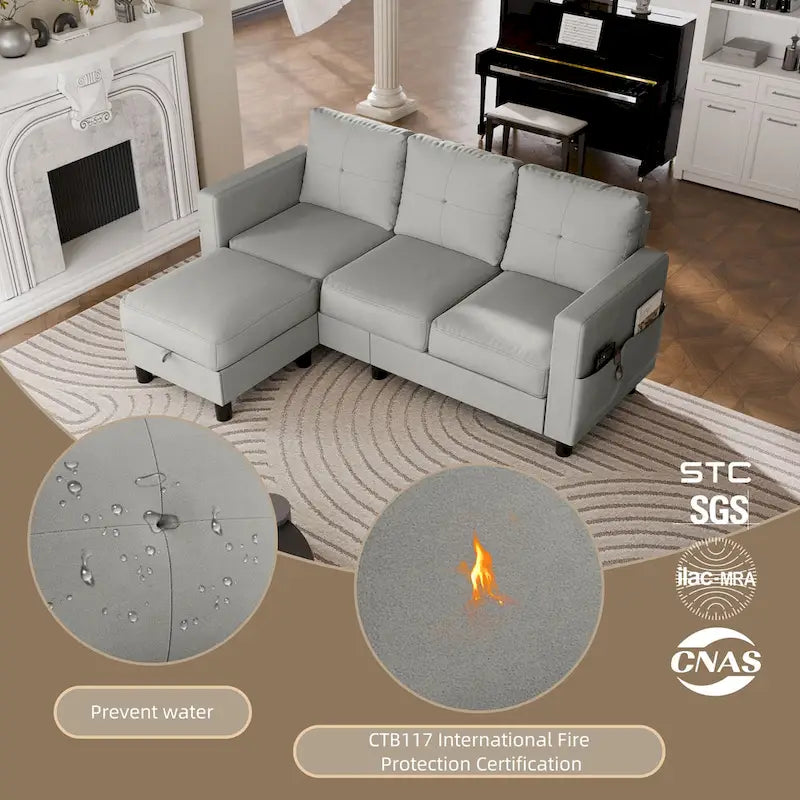 Linen Upholstered L-Shaped Sectional Sofa with Reversible Chaise