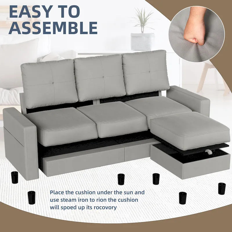 Linen Upholstered L-Shaped Sectional Sofa with Reversible Chaise