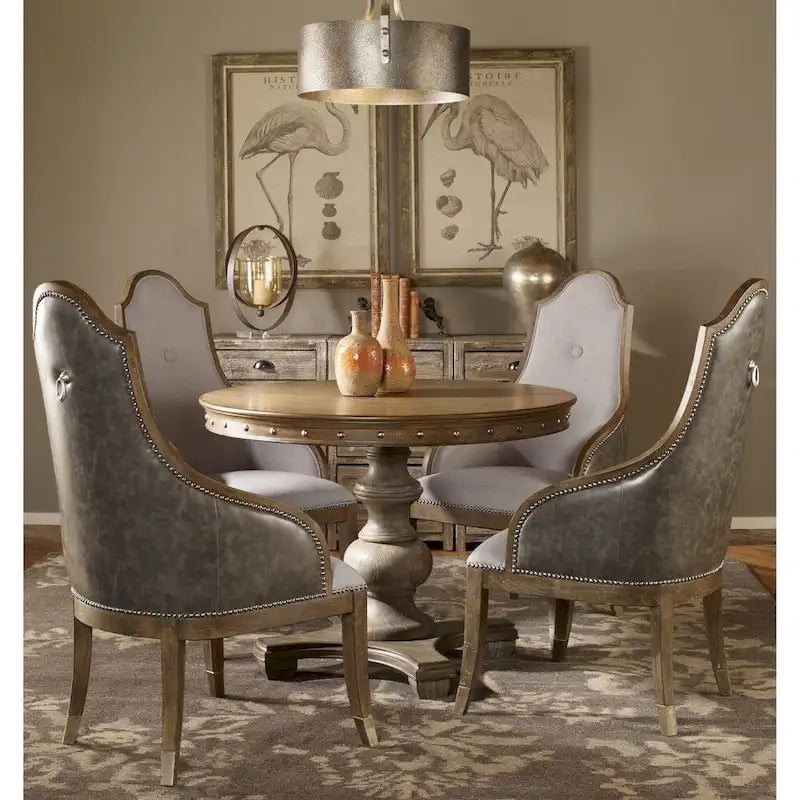 Light Grey Round Wood Accent Table with Carved Apron