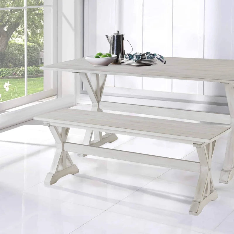 Backless Wood Dining Bench, Antique White Farmhouse Style