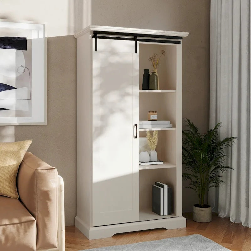 Farmhouse Storage Cabinet with Adjustable Shelves and Sliding Barn Door - 16.75D x 36.25W x 68H