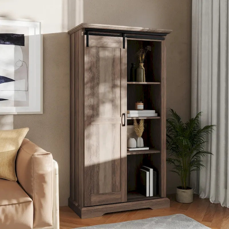 Farmhouse Storage Cabinet with Adjustable Shelves and Sliding Barn Door - 16.75D x 36.25W x 68H