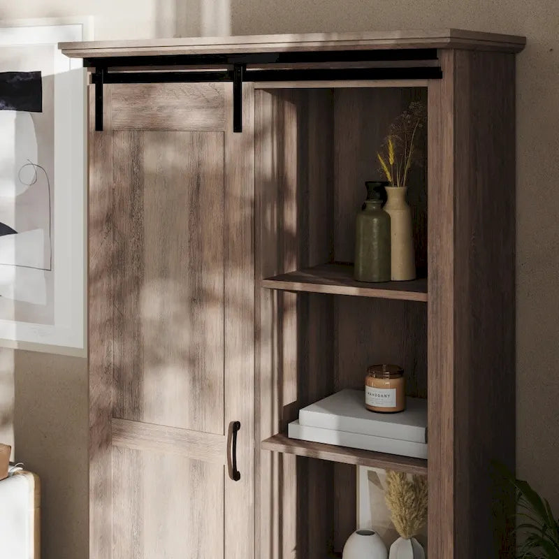 Farmhouse Storage Cabinet with Adjustable Shelves and Sliding Barn Door - 16.75D x 36.25W x 68H