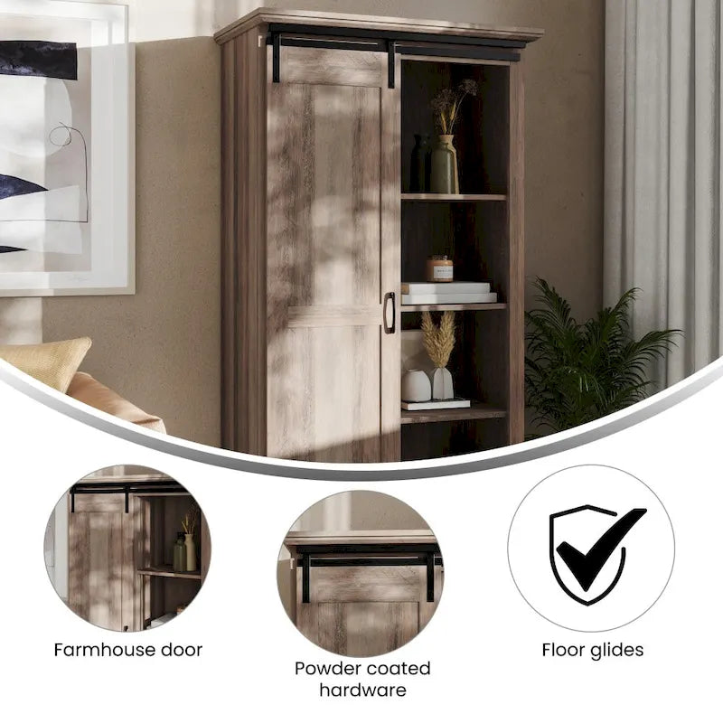 Farmhouse Storage Cabinet with Adjustable Shelves and Sliding Barn Door - 16.75D x 36.25W x 68H