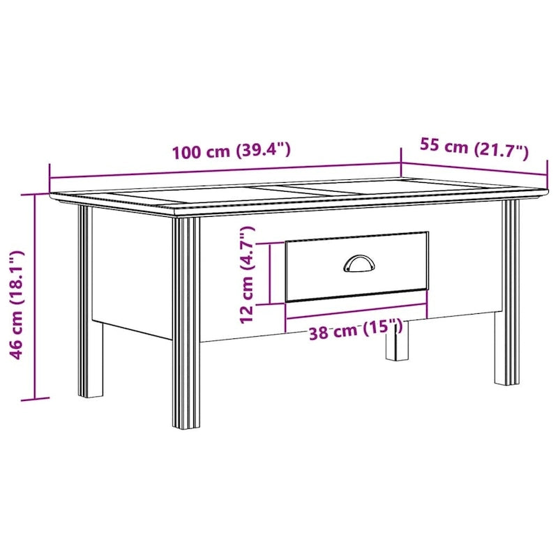 Solid Pine Wood Coffee Table with Drawer - 39.4x21.7x18.1"