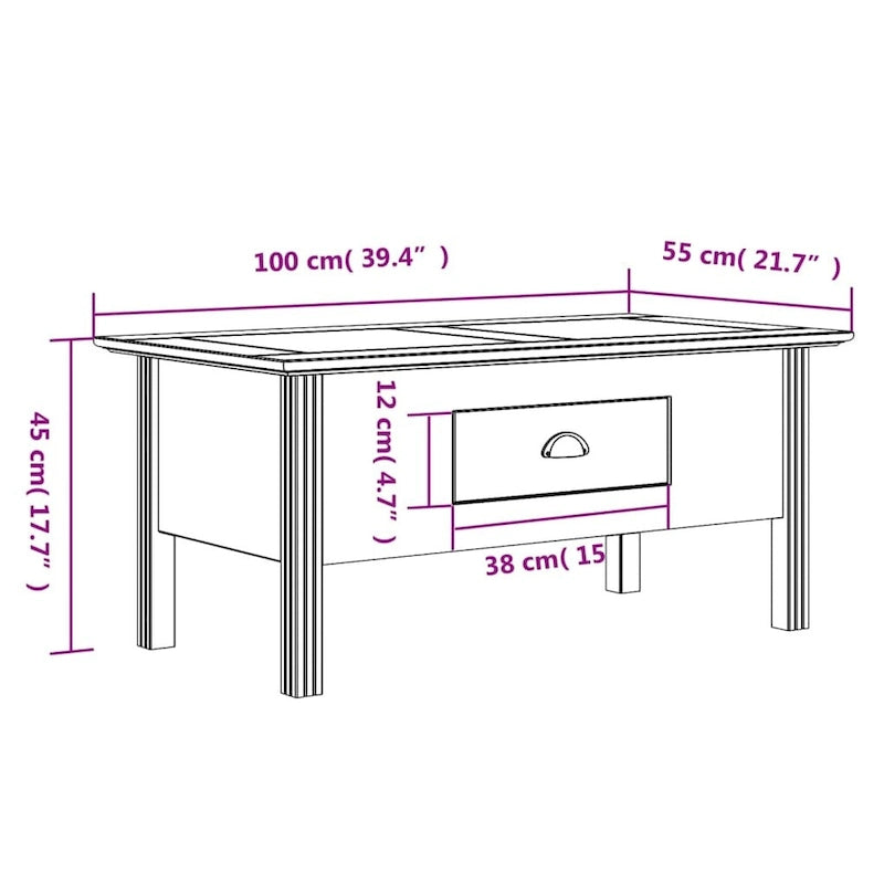 Solid Pine Wood Coffee Table with Drawer - 39.4x21.7x18.1"