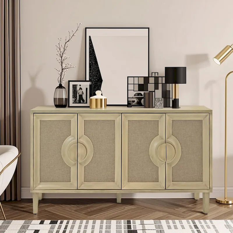 59.84Elegant Vintage 4-Door Cabinet with Linen Decorated Doors,for Bedroom,Living Room,Office,Easy Assembly