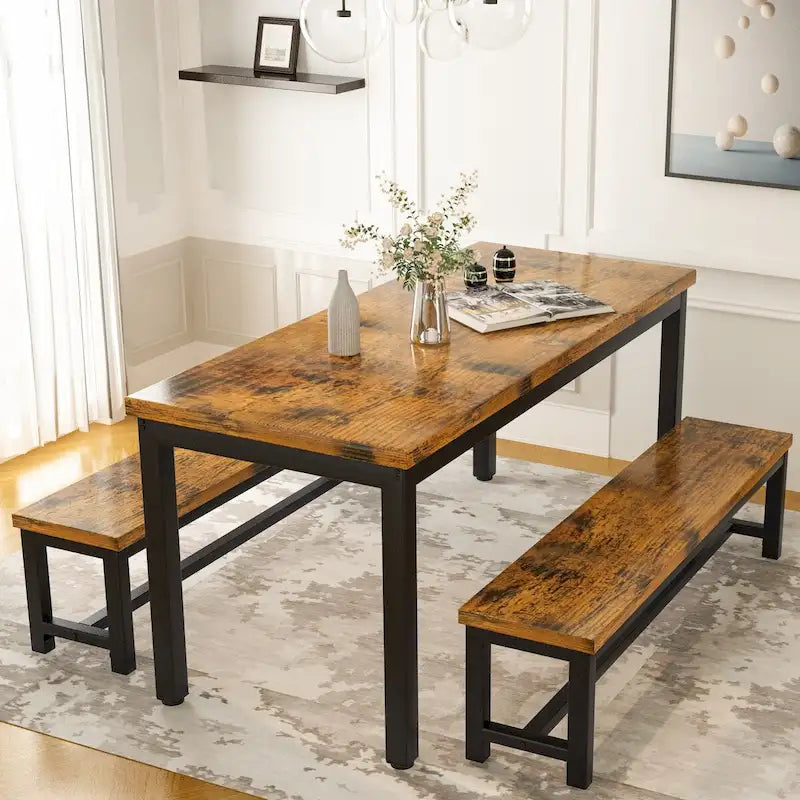 3-Piece Dining Table Set with Two Benches for 4-6 Persons